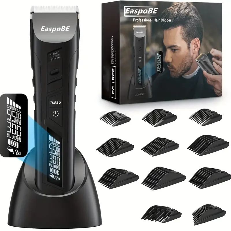 1pc Hair Clippers For Men, Professional Electric Hair Clipper Beard Trimmer Rechargeable Cordless Haircut Machine With 11 Guide Combs, Charging Stand