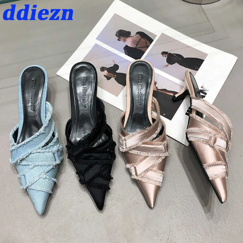 Sandals Medium Heel Shoes For Ladies 2023 Designer Fashion Denim Female Pointed Toe Pumps Heels Mules Slides Elegant Women Shoes J230806
