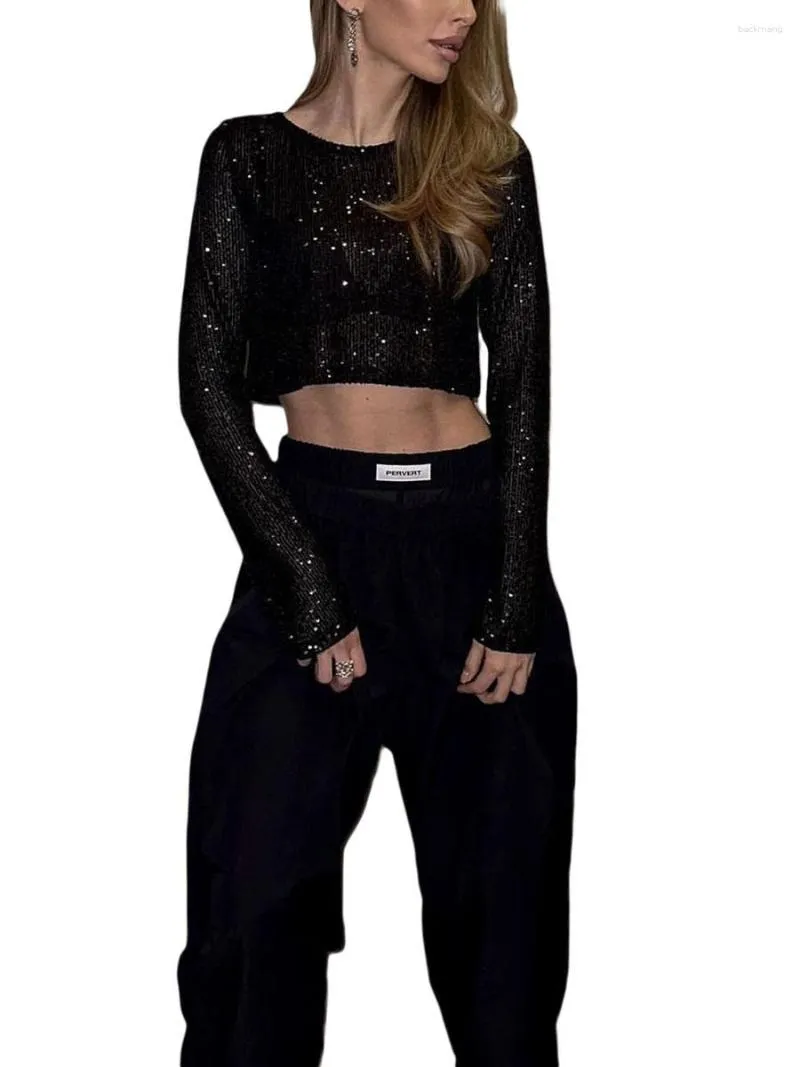 Kvinnors T -skjortor Kvinnor S Shimmering Sequin Empelled Crop Top med långa ärmar - Glamorös metallblus för kvällsfester som klubbar