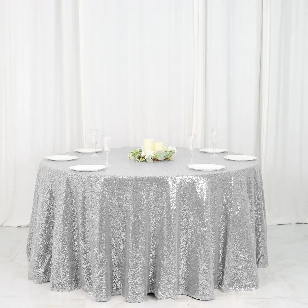 Nappe ronde à sequins de qualité supérieure sans couture argentée de 120 po 889