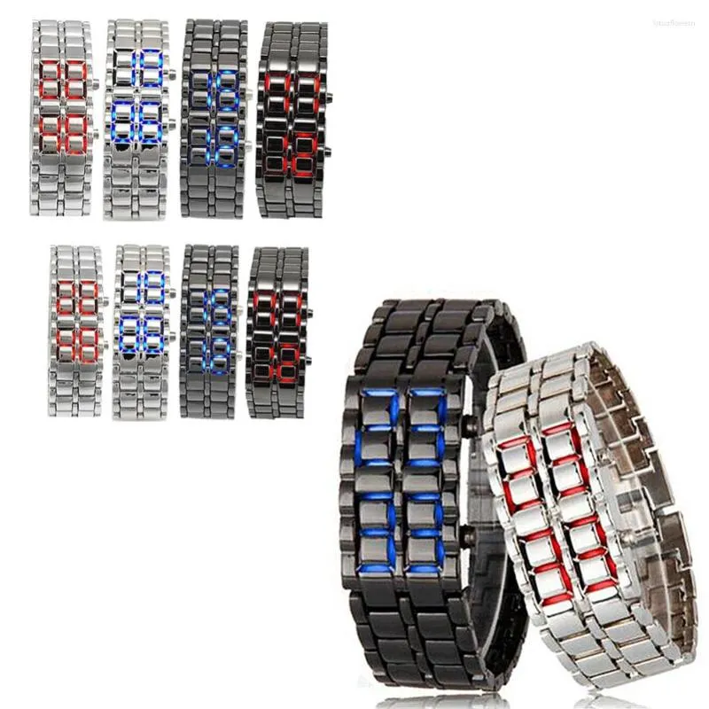 Wristwatches Fashion Black Full Metal Digital Lava Wrist Watch Men Red/Blue LED Display Men's Watches Gifts For Male Boy Sport Creative
