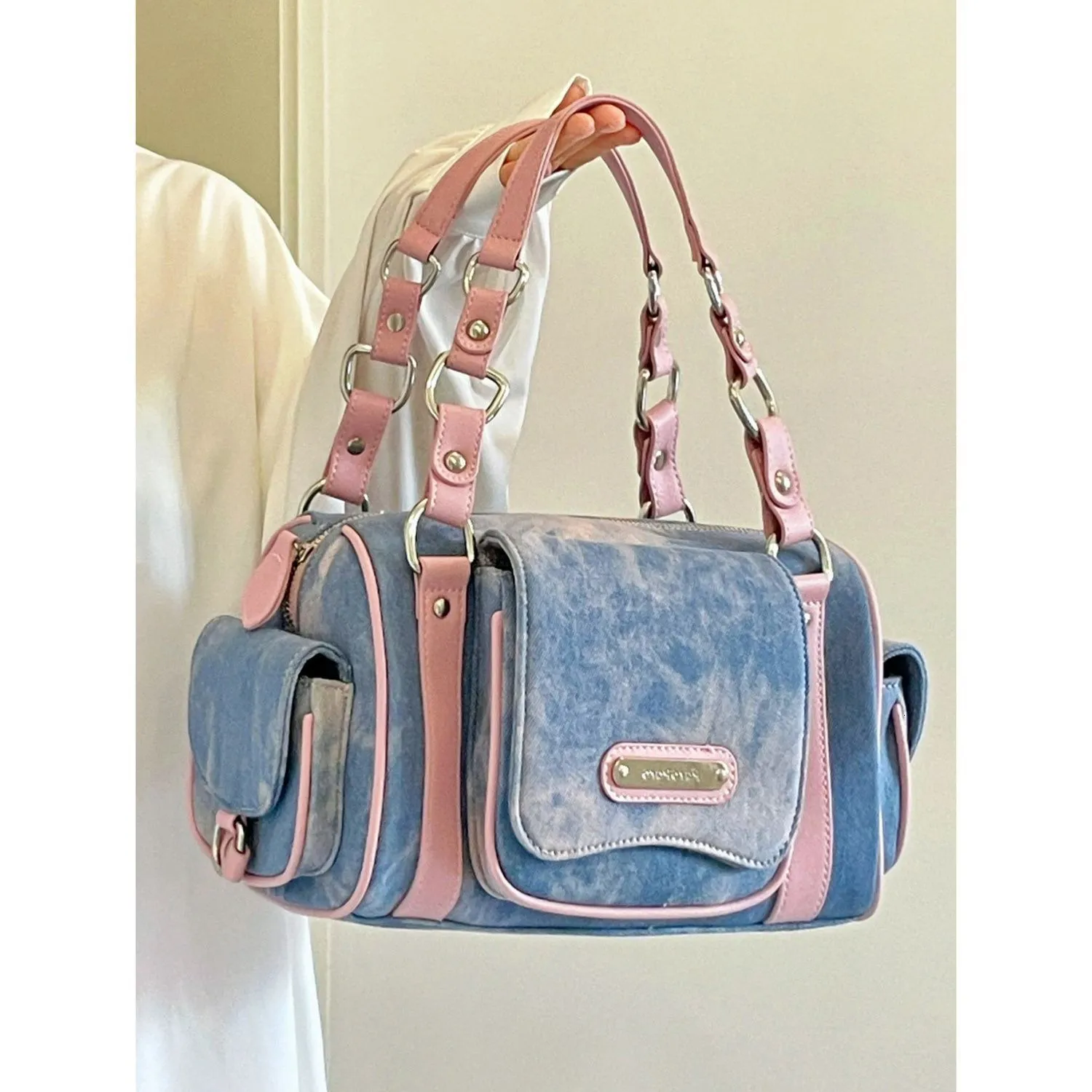 Sacs de soirée Femmes Bleu Rose Tophandle Sac Grande Capacité Filles Y2k Denim Boston Designer Bandoulière Sac À Main Multipoches Tiedyed 230804