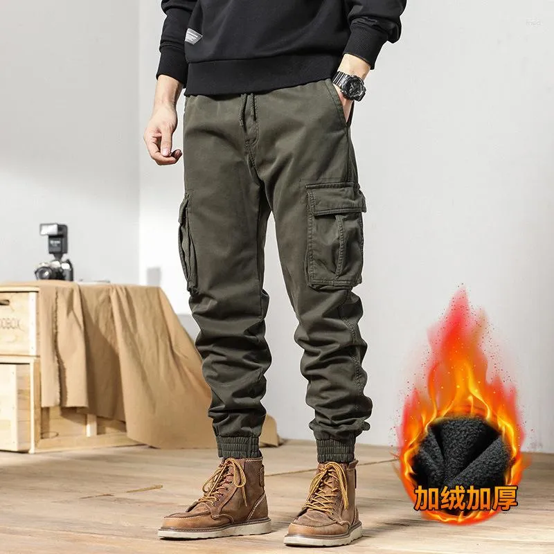 Men's Pants Winter Multi-Pockets Cargo Thick Warm Fleece Liner Slim Fit Joggers Streetwear Casual Cotton Thermal Trousers