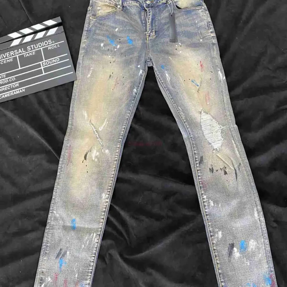 Designer Kleding Amires Jeans Spijkerbroek Amies Makes Oude Gewassen Gescheurde Jeans Verf Graffiti Gedragen Geschraapt Afslanken Elastiek Amr Feet381