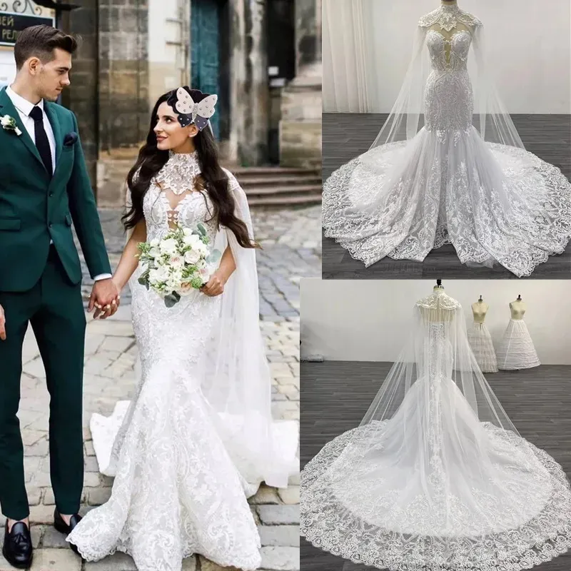 New Arrive Lace Mermaid Wedding Dresses With Tulle Shawl Slim Elegant Bridal Gowns Vestido Noiva Sereia Robe De Mariee