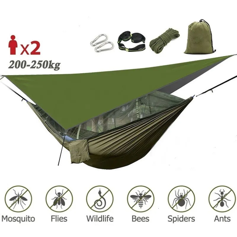Hamacs Camping Hamac avec Moustiquaire Rainfly Tent Tarp Tree Straps Portable Nylon Hamac Tente pour Camping Randonnée Cour Voyage 230804
