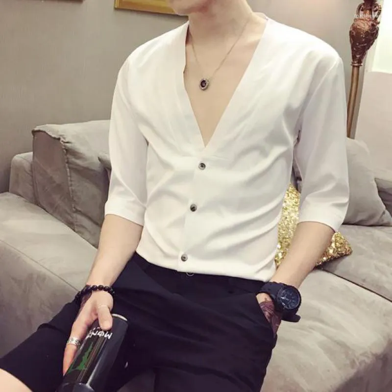 Men's Casual Shirts Large Deep V-neck Black Sexy For Mens Social Club Outfits Party Wear White Stylish Clothing Unusual Clothes Products