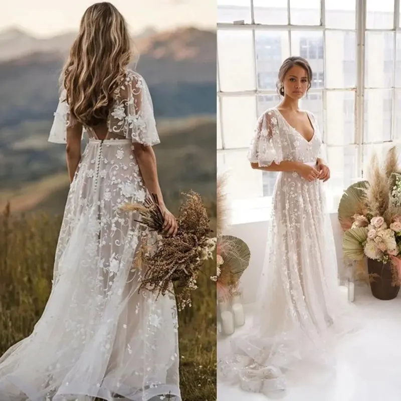 Rustik Boho Party Dresses 2023 V-ringning Backless Ruffles Sweep Train Lace Applique Country Wedding Gown Vestido de Novia 328 328