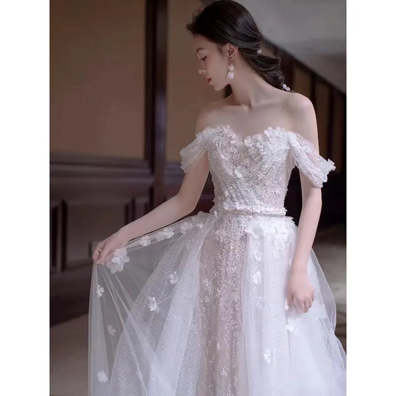 3D Flowers Lace Boho Mermaid Wedding Dress | Off-Shoulder