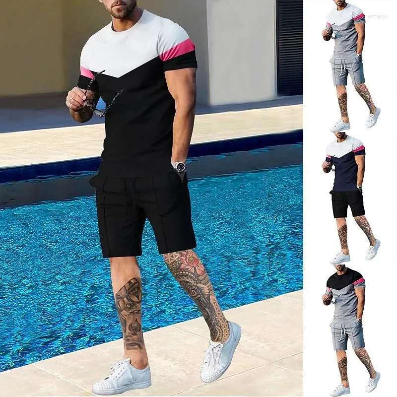 남자 트랙 슈트 남자 티셔츠 정장 의류 플러스 크기 3D 인쇄 컬러 블록 그래픽 패션 디자이너 라운드 넥 로파 짧은 슬리브 2 pcs