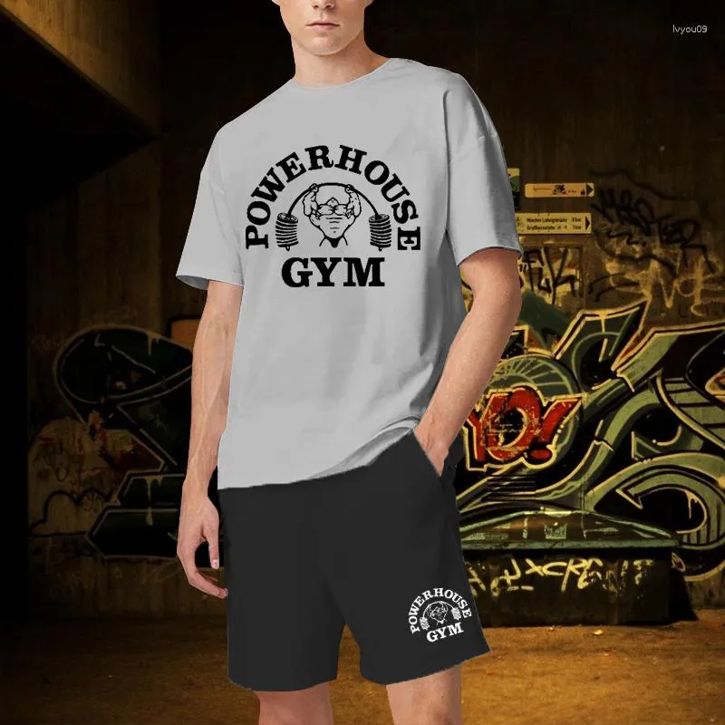 Herrspårar Summer Gym Men 2 Pieces Set Women Fiess Tracksuit T Shirt and Shorts Set 100Cotton T-Shirts Overdimensionerade tryckta tee