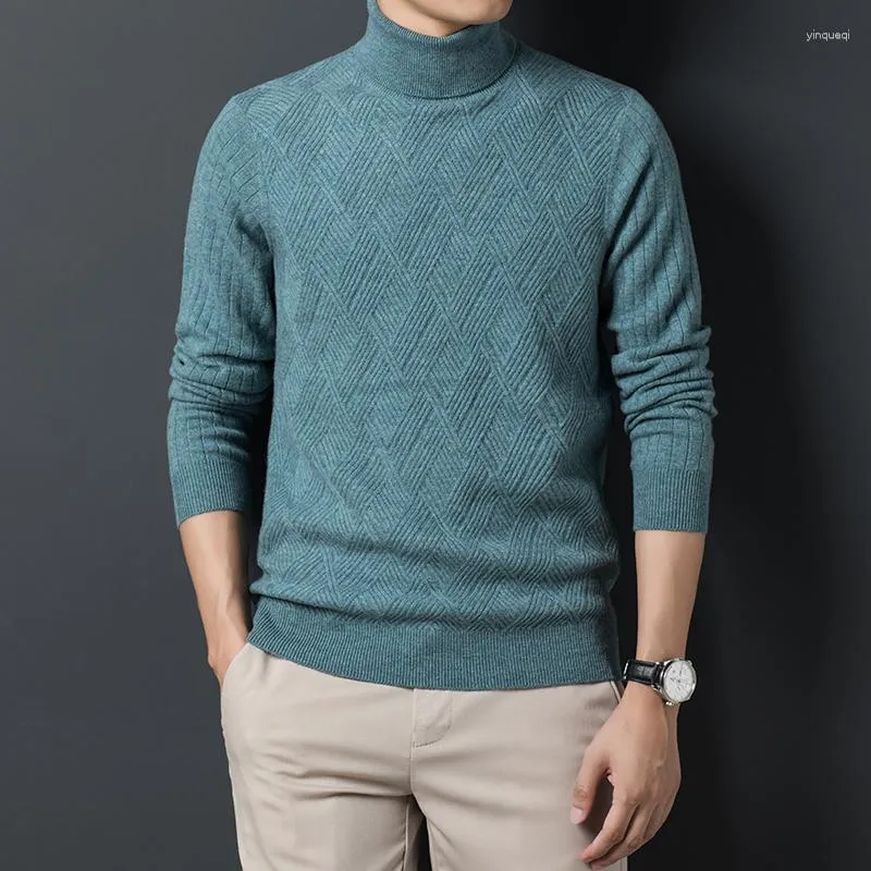メンズセーターメンズハイカラーウールカシミアニット服秋のファッション格子縞の男性純粋なタートルネックジャンパー