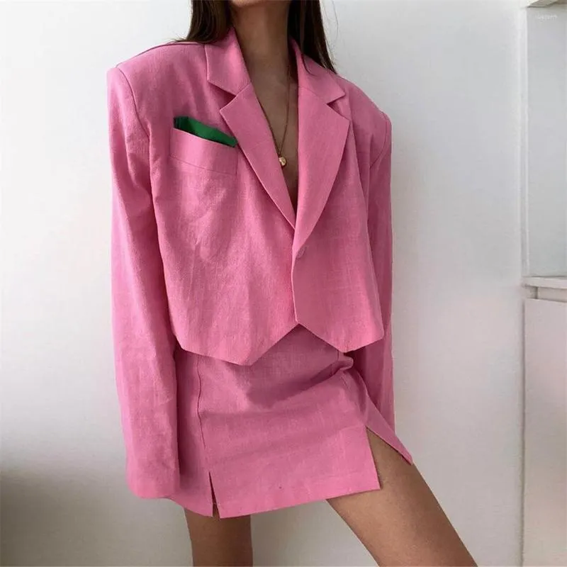 Zweiteiliges Kleid, Bleistiftröcke und Blazer, passendes Set, Business Casual, Damen-Outfits, Langarm, Taschen, Damenkleidung, rosa Anzug