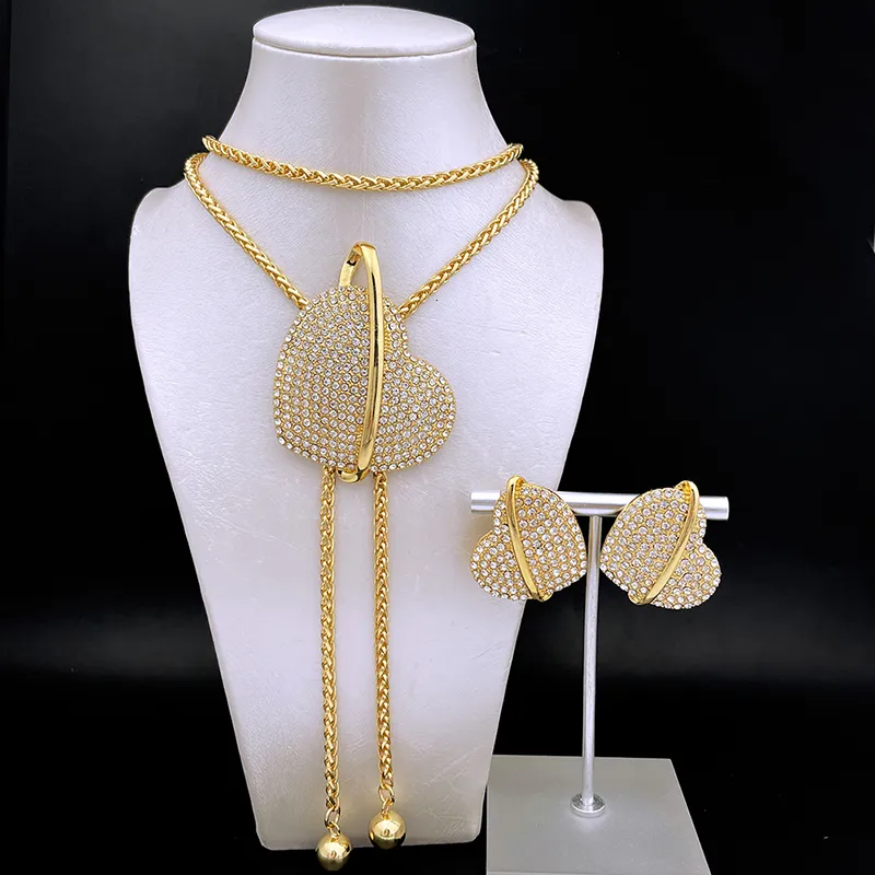 Düğün Mücevher Seti Zarif Kadınlar Uzun Kolye Küpe Seti Kalp 18k Altın Kaplama Ayarlanabilir Uzunluk Parti Aksesuarları 230804