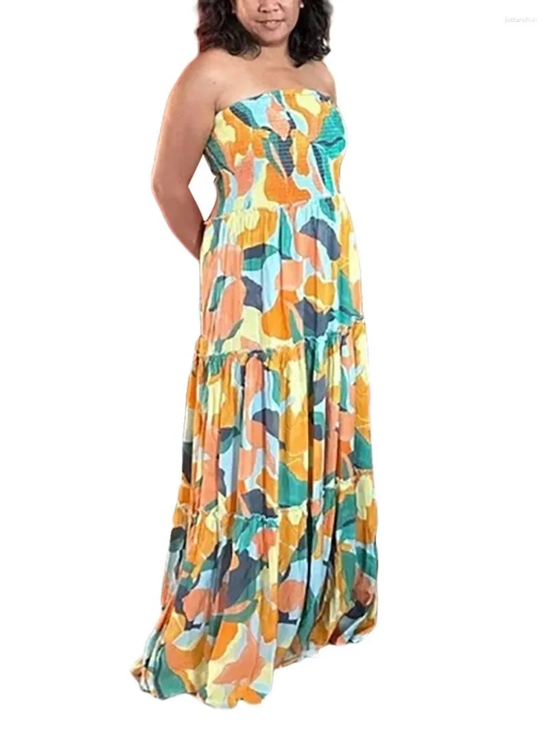 Casual Jurken Dames Elegante off-shoulder ruche mouw bloemenprint maxi-jurk met rugloos ontwerp - Grote maten zomerbuistop voor A