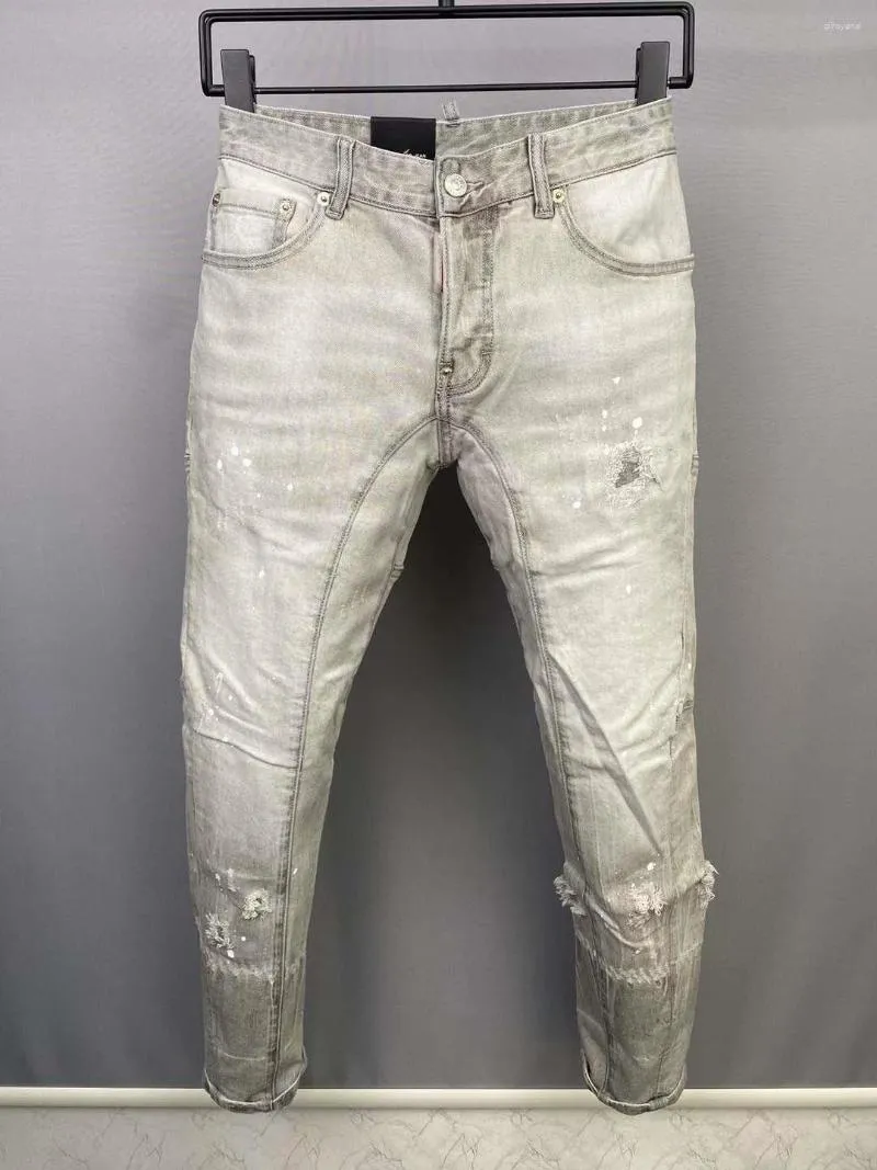 Jeans pour hommes gris trou rayé épissé déchiré mode crayon pantalon A111 #