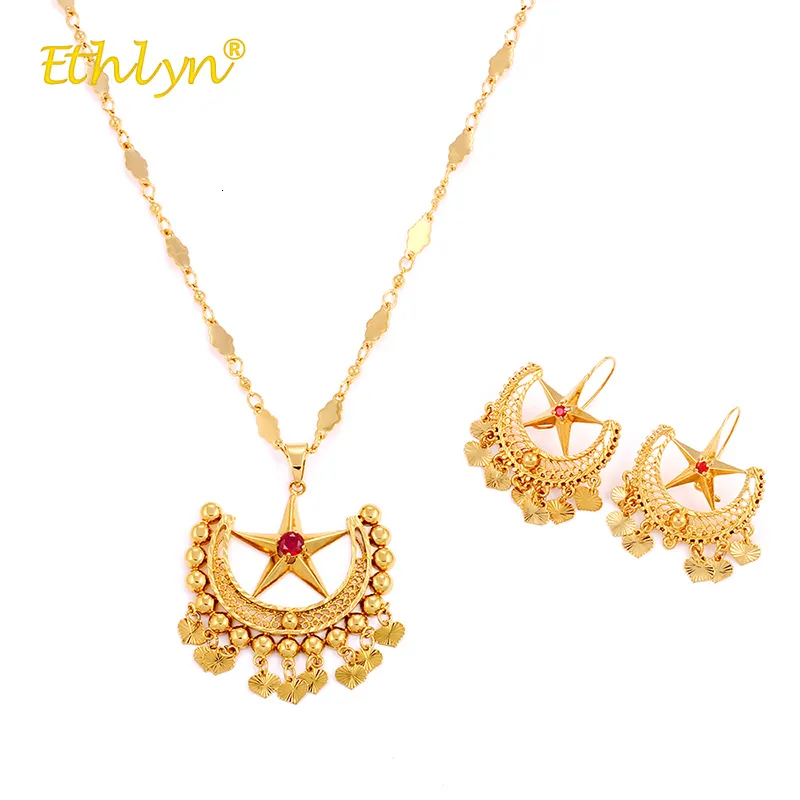 Zestawy biżuterii ślubnej ETHLYN ​​Gold Kolor Piękny etniczny luksus dla kobiet akcesoria zamek Star Big Naszyjnik Kolczyki 230804