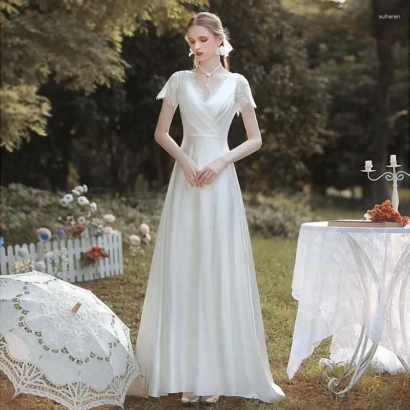 Ethnic Clothing Elegant V Neck Wedding Dresses Short Sleeves Vestidos De  Noiva Mariage Vintage Bridal White Satin Lace Party Dress