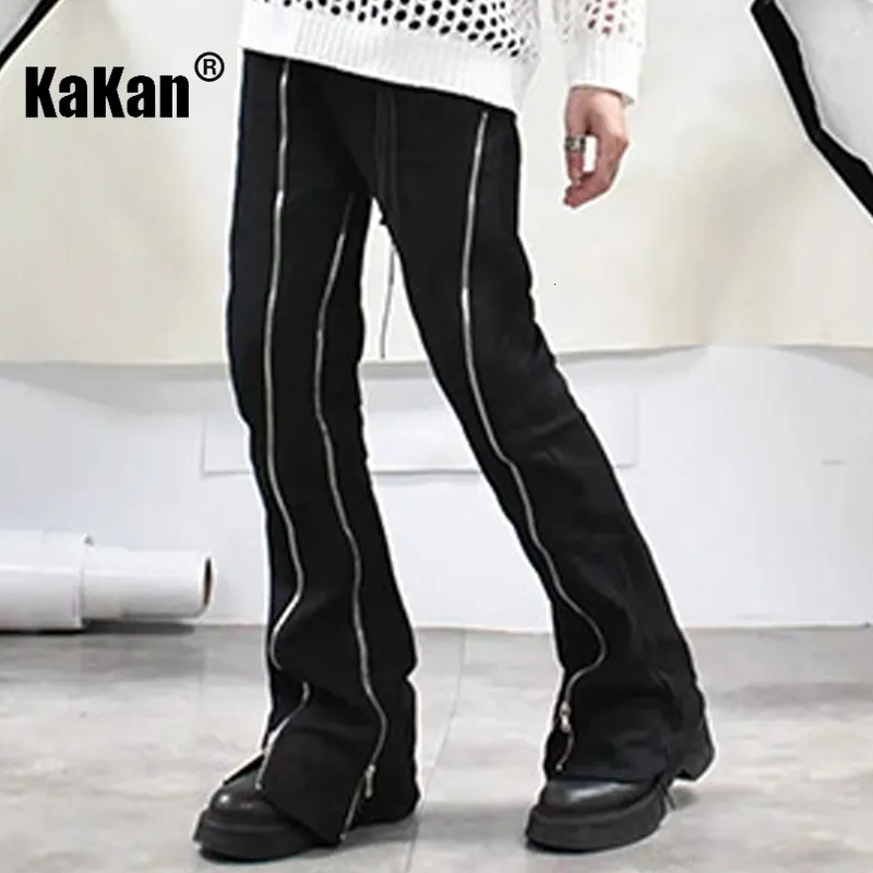 Jeans da uomo Kakan Jeans hip-hop europei e americani con cerniera divisa per uomo High Street Split Pantaloni da uomo a gamba larga leggermente svasati K27-06 230804