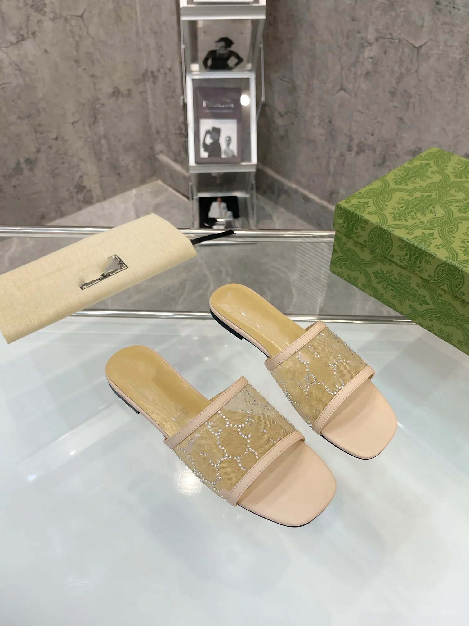 Women Crystals Sparkling Mesh Slippers Interlocking G Sandals LOGO