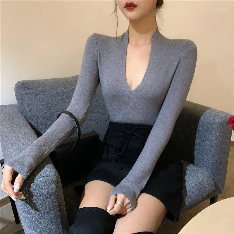 Women's Sweaters Sexy Deep V-neck Elastic Slim Knit Sweater Women Autumn Low Chest Long Sleeve Bottoming Retro Solid Female Pullover Tops