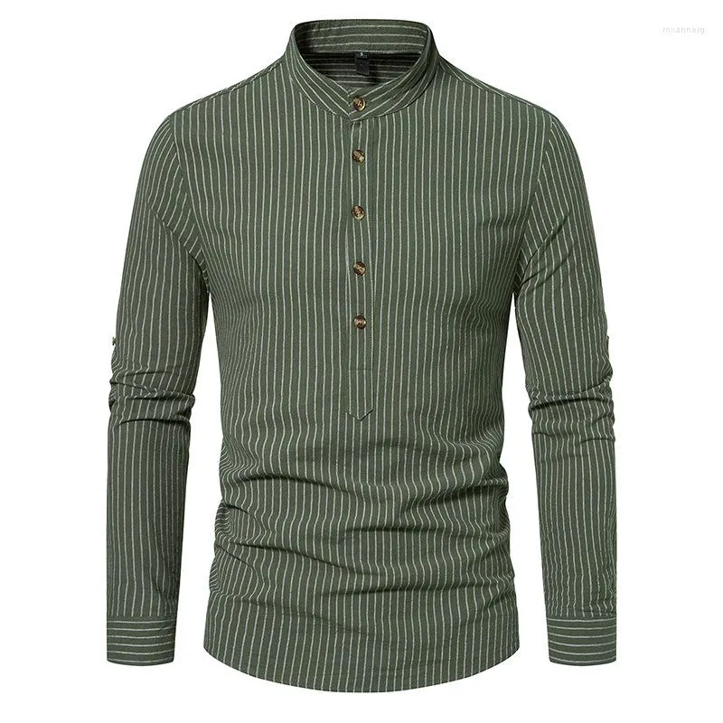 Camisas casuais masculinas vintage verde militar algodão Henley camisa masculina 2023 marca slim fit manga comprida listrada trabalho diário casual tops blusas XXL