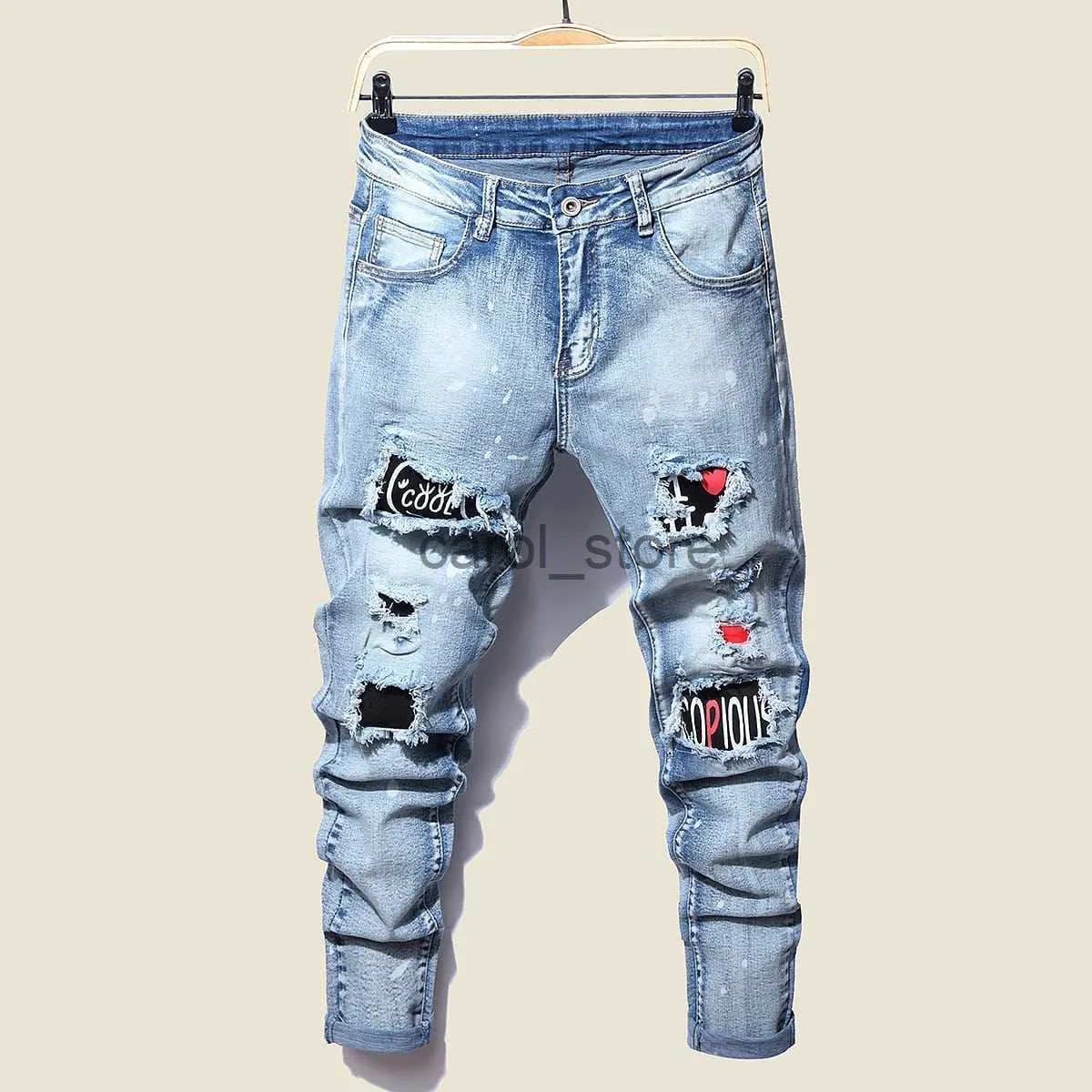 Jeans pour hommes Hommes Slim Biker Ripped Long Denim Pantalon Skinny Jeans Poche Sangles Latérales et Zips Homme Jogging Pantalon Détruit Pantalon Extensible J0806