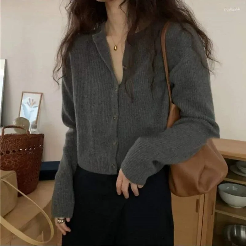 Cárdigan de punto de Cachemira a la moda para mujer, suéter de primavera y otoño, versión coreana de blusa gris, abrigo de lana corto suelto