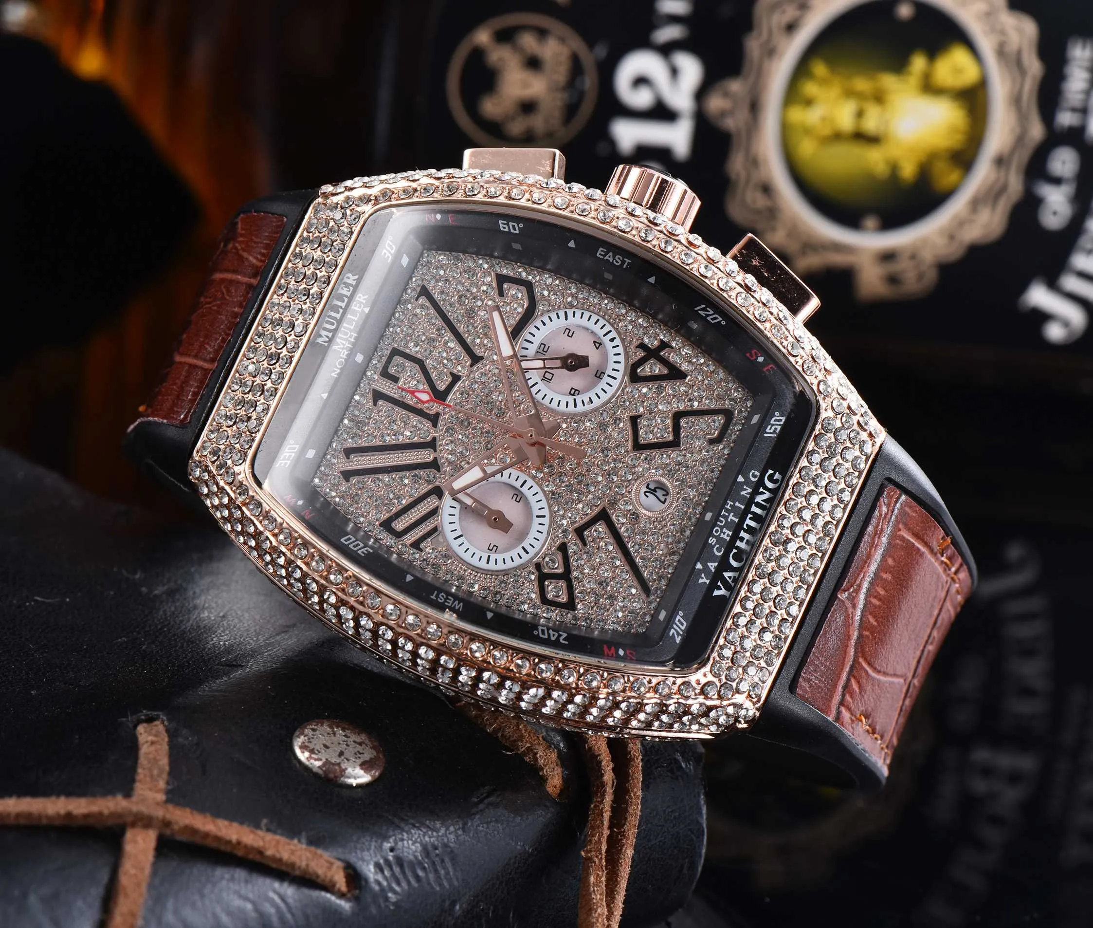 新しいスタイルFrenck Classic Full Diamond Series Luxury Designer Watch Advanced Mens Watchesフル機能Quarz Chronograph Watch