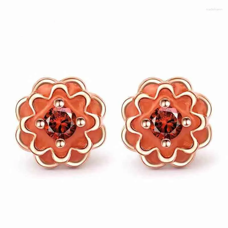 Stud Earrings European DIY Handmade Dahlia Original 925 Silver Rose Petal Garden Pink Enamel Compatible With Jewelry