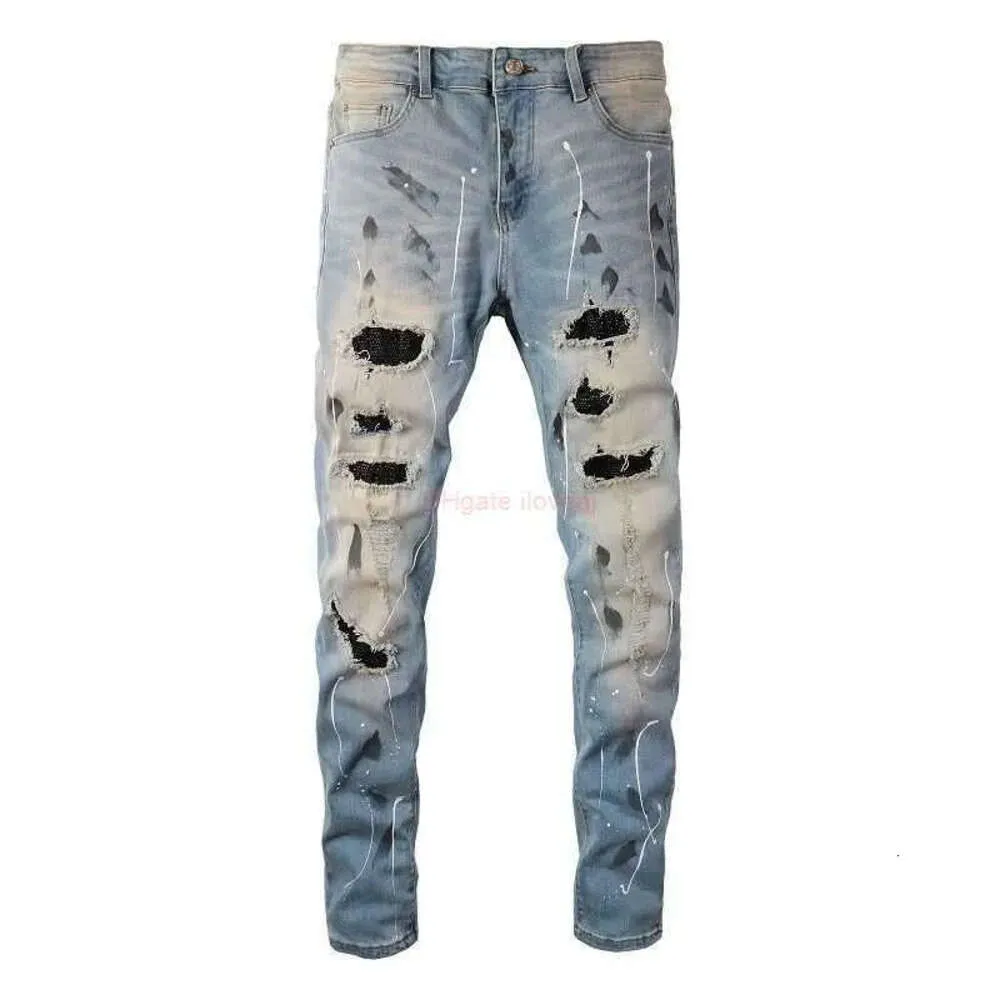 Roupas de grife Jeans Amires Calça jeans Amies High Street Blue Jeans 6523 Barba de gato quebrada Hot Diamond Graffiti Jeans Slim Fit Small169