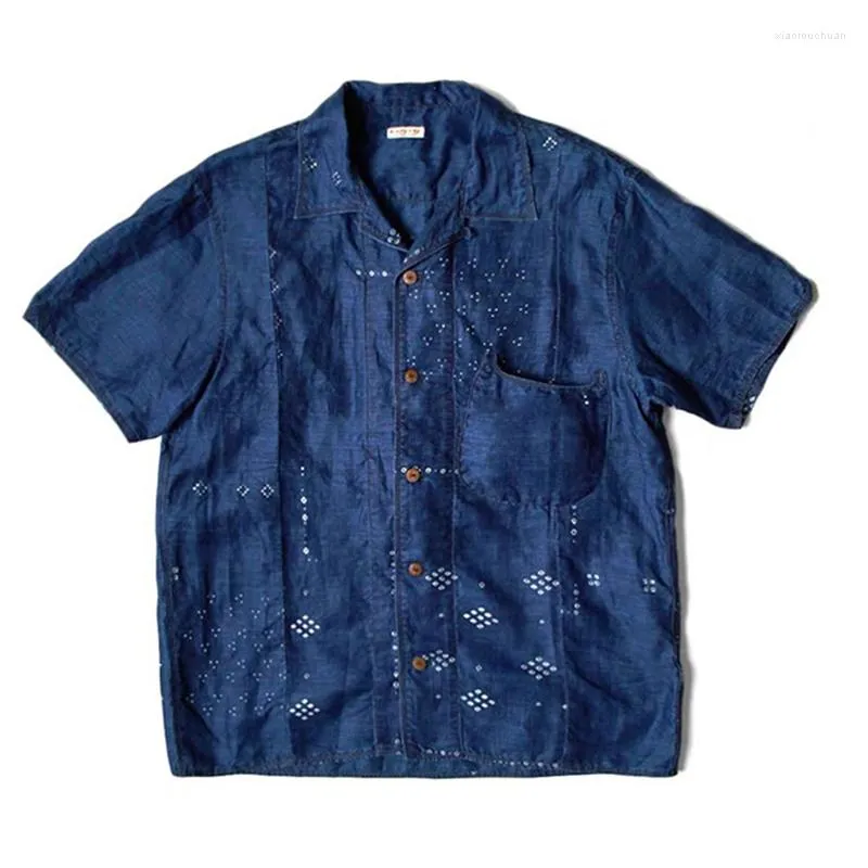 Chemises décontractées pour hommes KAPITAL 24SS japonais rétro teint en bleu tanin Denim coton impression poche chemise à manches courtes