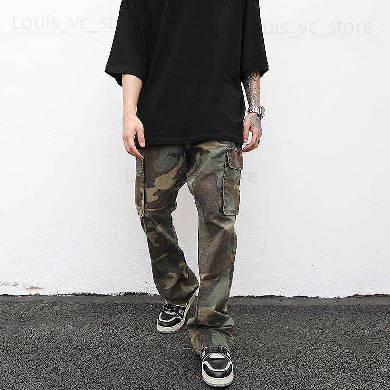 Streetwear Mens Hip Hop Camuflagem Calças Flare Moda Camo Calças Cargo Masculino Slim Fit Camuflagem Calças Mulheres All-match T230806