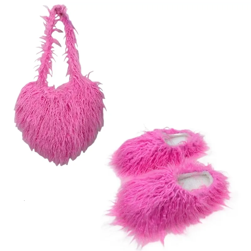 Slippers Outside Fashion Fluffy Sheep Mongolia Fur Sliper Shose And Heart Shaped Bag For Women And Men 230804