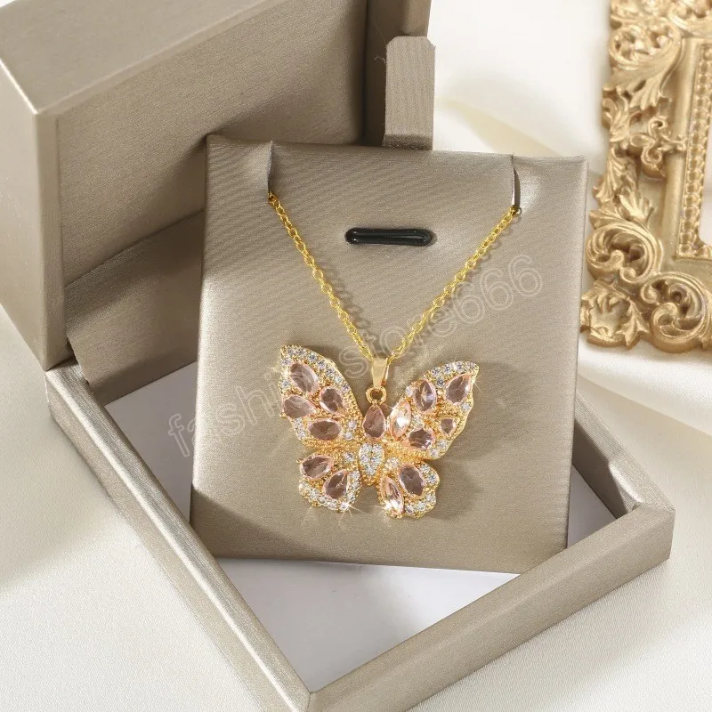 Pink Crystal Butterfly Pendant Necklace for Women Color Personalized Wedding Party Jewelry Gift