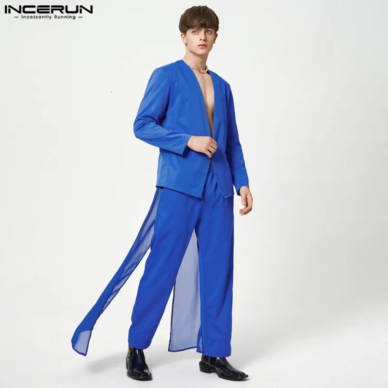 Mens Tracksuits Men Set Mesh Patchwork V Neck Long Sleeve One Button Blazer Pants 2st Streetwear Fashion Casual Suits Incerun S5xl 230804