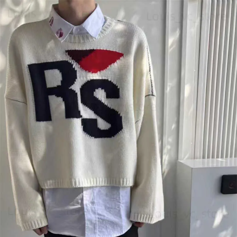 RAF SIMONS 2023SS新しいクラシックRSレター短い長袖ルーズラウンドネックニットウールセーターT230806