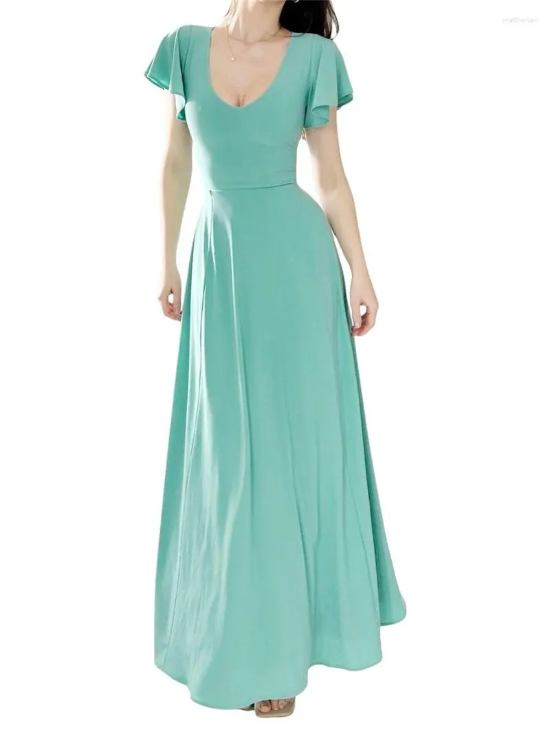 Casual Dresses Women Elegant Ruffle Sleeve Dress Y2K Plunging Neckline Cinched Waist A-Line Silhouette Charming Cocktail Evening Gown