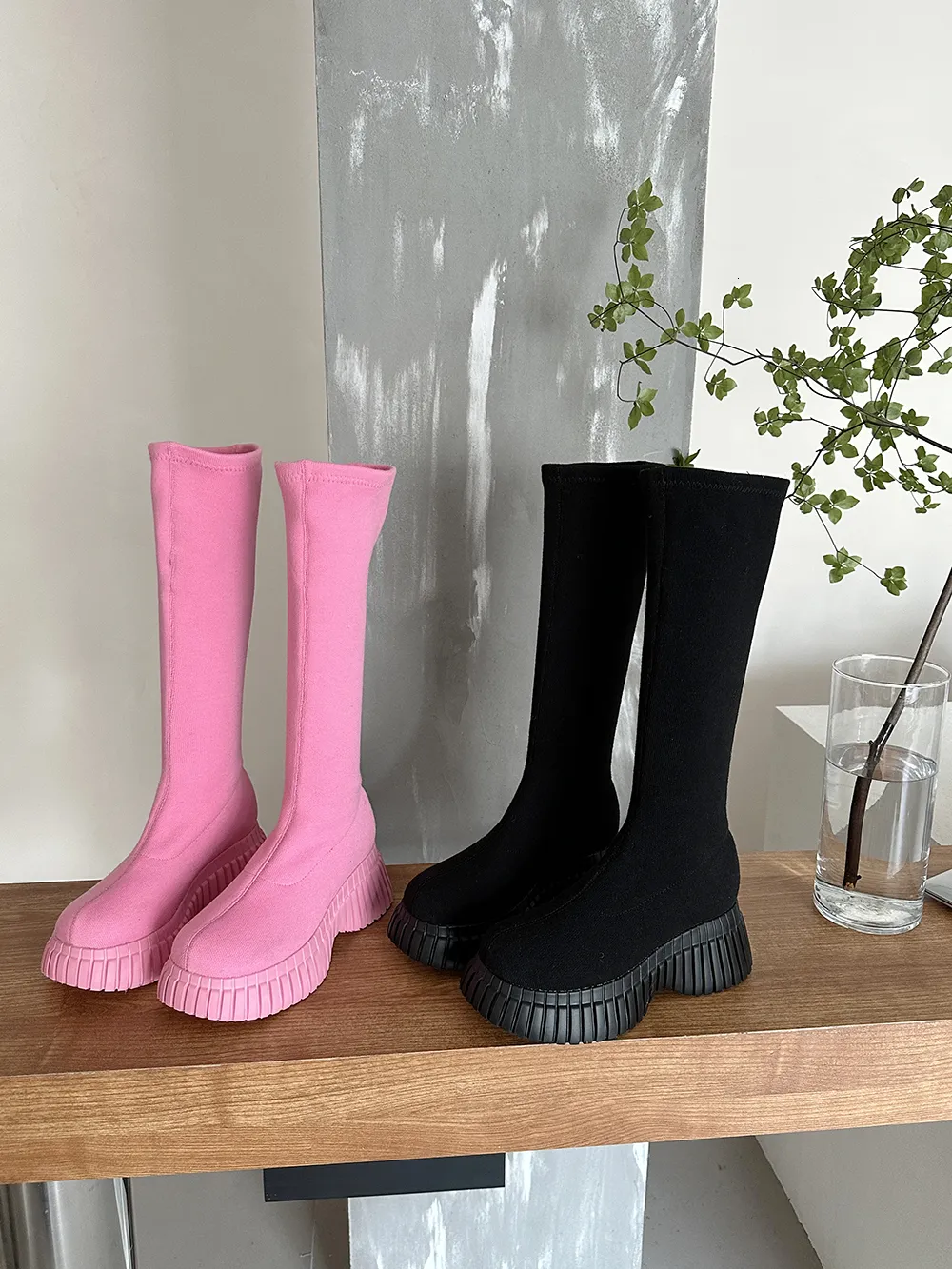 Boots Round Toe Women Knee High Boots Knitting Booties Flat Low Heels Arrivals Sock Booties Pink Black Cool Big Size 35-41 230804