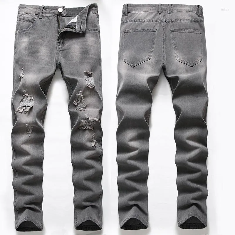 Men's Jeans Grey Casual Everyday Pants Trend Plus Size Ripped Straight Trousers Fashion Denim Shabby