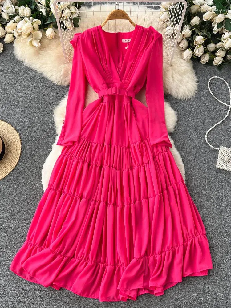 Casual Dresses Elegant Beach Dress Women Sexy V Neck Long Sleeve Pleated Maxi Ladies Solid Party Robe Vestidos