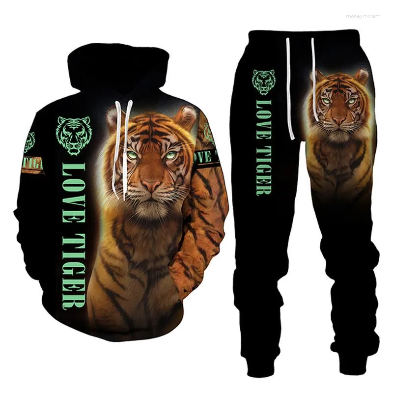 Men's Hoodies Tiger Black Fashion 3D Printed Men Sweatshirt Set Pants Sportswear Tracksuit Unisex Clothing Suit