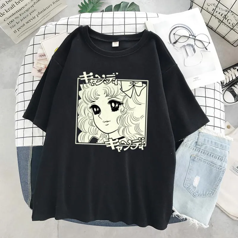 Hommes T-shirts Hommes Femmes Harajuku Kawaii Fille Tête Affiche Graphique Streetwear À Manches Courtes Noir O-cou Surdimensionné Unisexe T-shirts