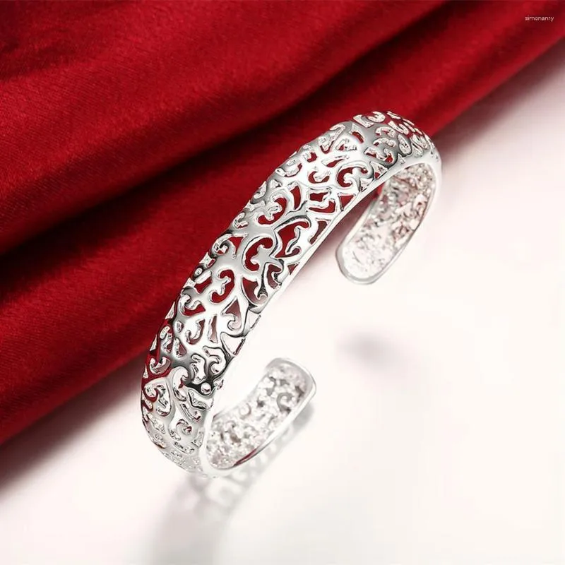 Bangle Fijn 925 Zilver Kleur Holle Patroon Bangles Armbanden Voor Vrouwen Verstelbare Mode Luxe Sieraden Wedding Party Lady Gift