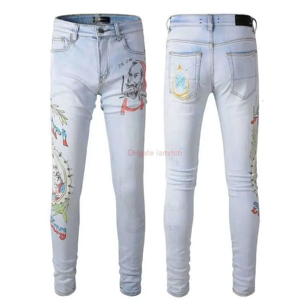 Designer Clothing Amires Jeans Denim Pantalons High Street Fashion Brand 22 New Amies Light Wash Old Letter Portrait Printing Slim Fit610