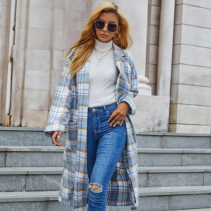 2023 Autumn Winter Womens Mid Length Plaid Trench Coat Womens In