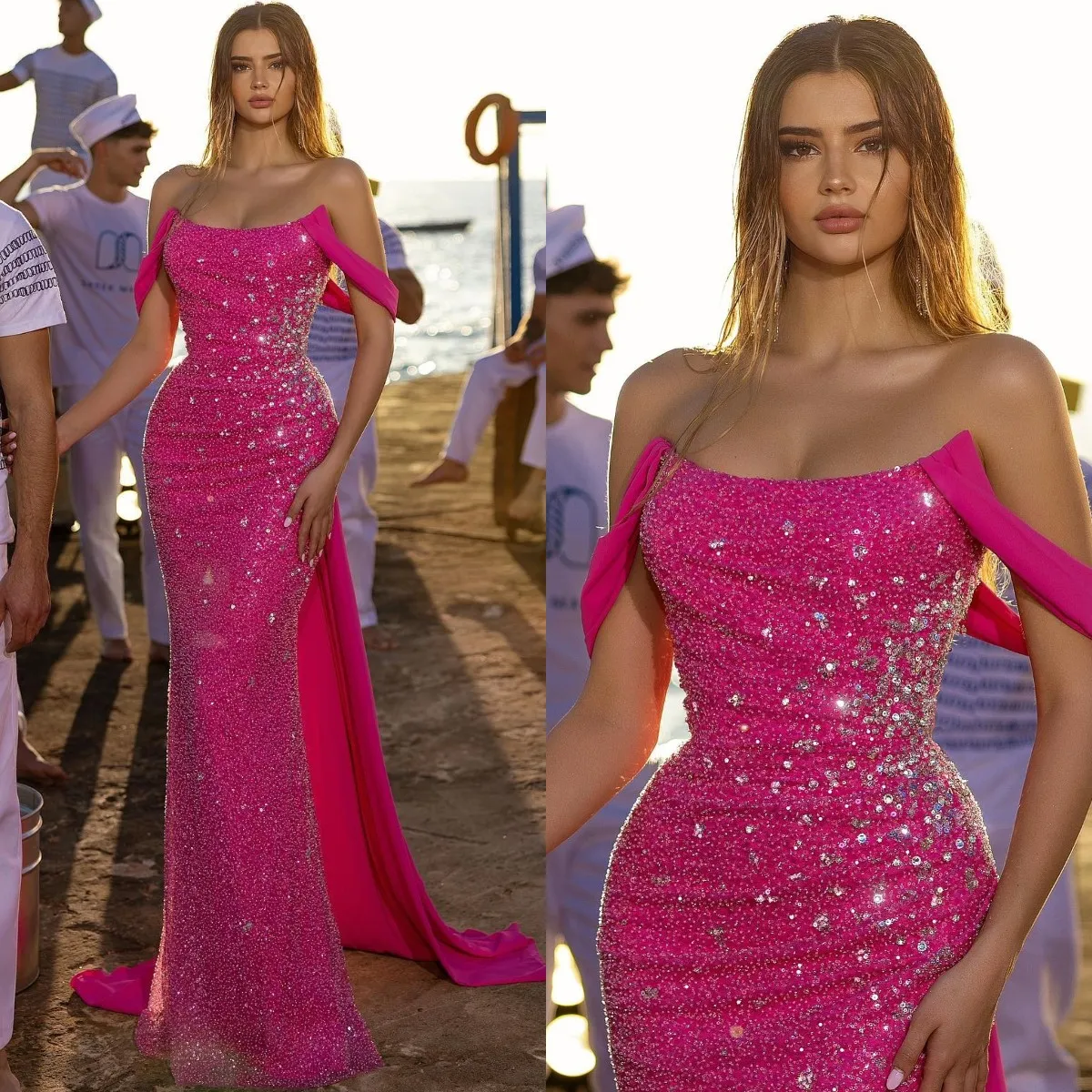 バラ色のピンクのスパンコール人魚のイブニングドレス