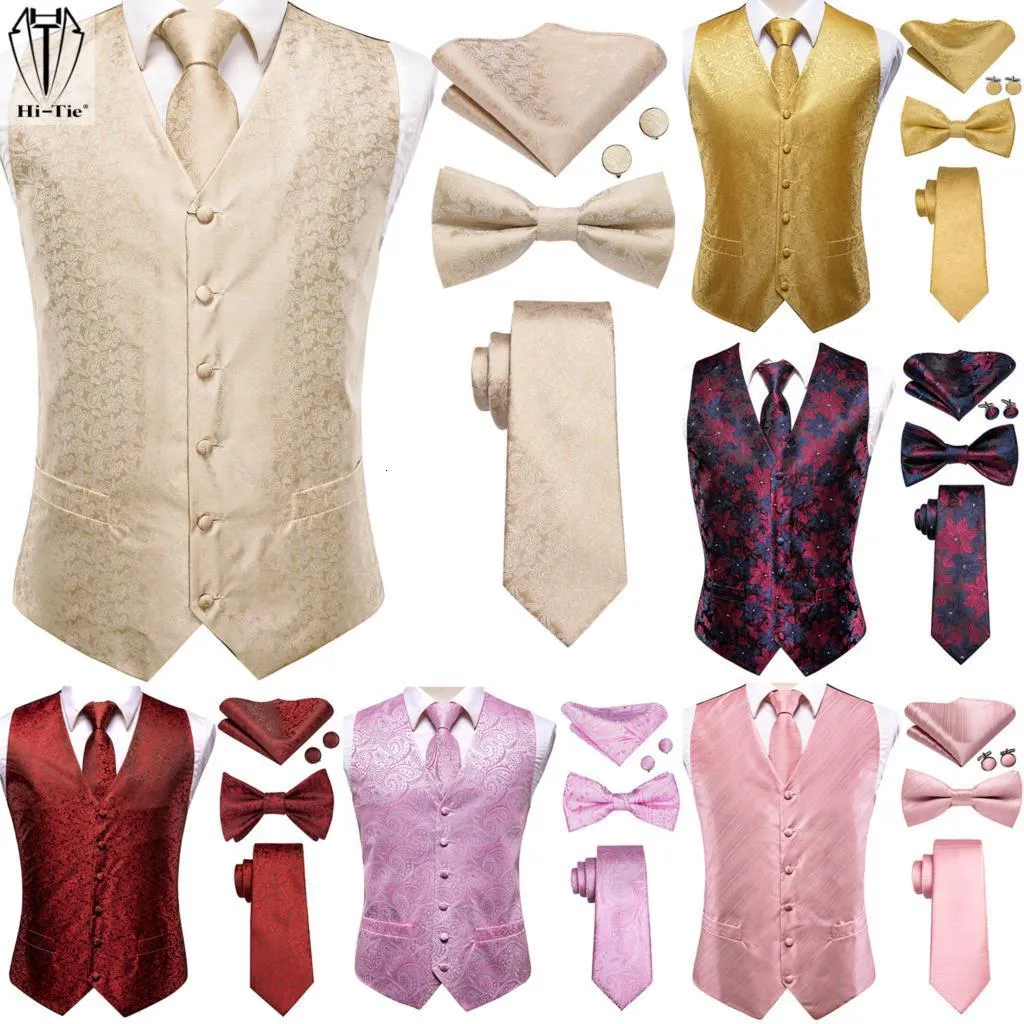 Mäns västar Hi-Tie Brand Silk Mens Vests Red Blue Green Gold Waistcoat Tie Bowtie Hanky ​​Cufflinks Set midjejacka för män Bröllopskontor 230804