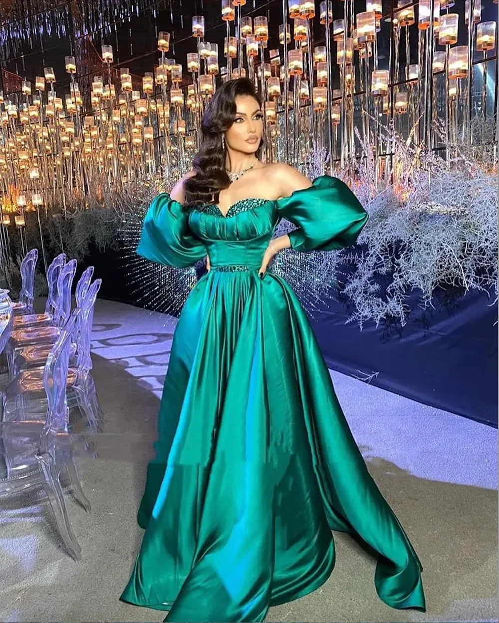 Dubai Arabic Plus Size Green Satin A Line Long Prom Dresses Beaded Sequined Off Shoulder Ruched Pleats Floor Length Formal Dress Party Gowns Evening Dress