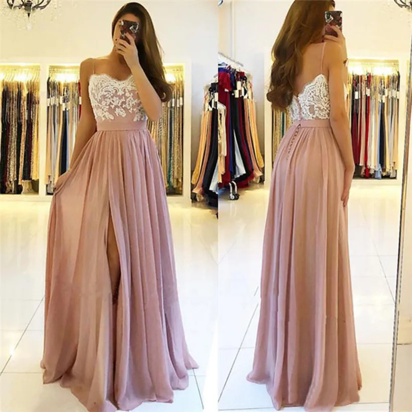 2023 Blush High Split Bridesmaid Dresses Spaghetti Appliques A Line Floor Length Country Beach Maid of the Honor Gowns Cheap Customized